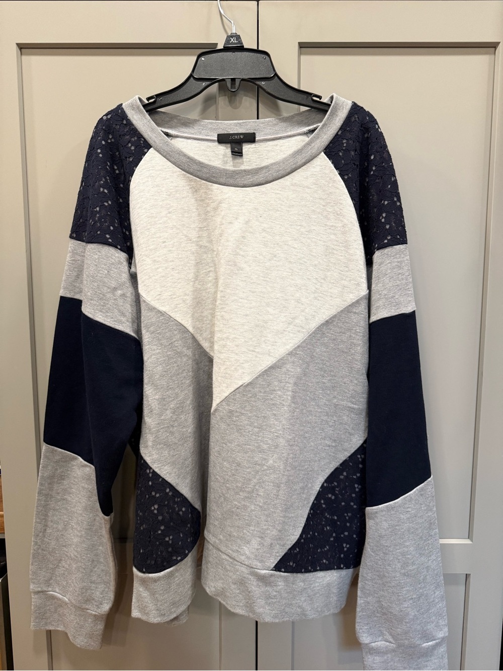 J. Crew Navy and Light Gray Lace-Panel Colorblock Sweatshirt